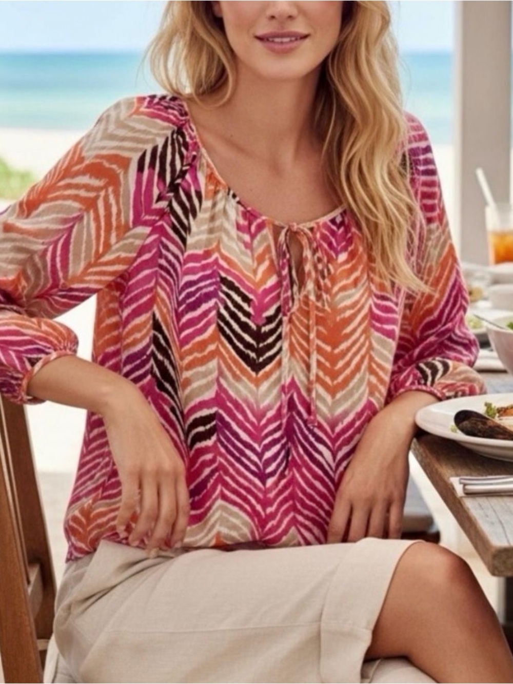 Trina Turk Pink, Orange & Cream Printed Peasant Top